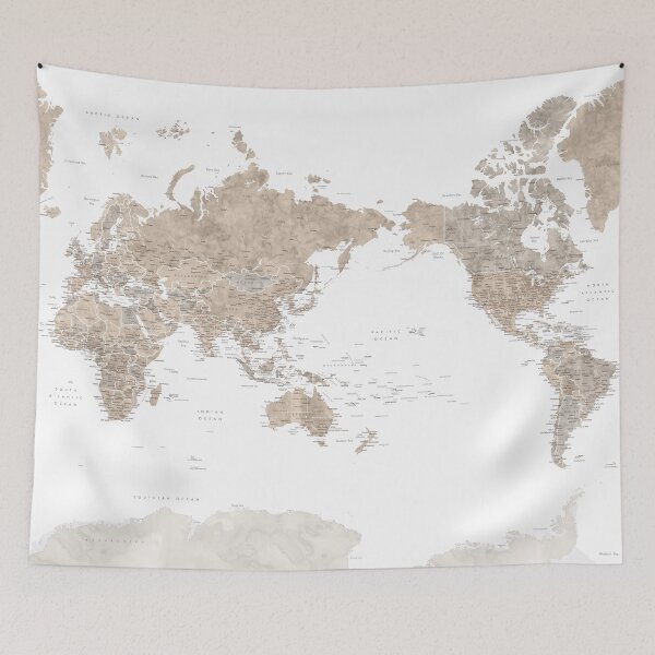 Item preview, Pacific centered detailed world map with Antarctica in neutral watercolor, Abey designed and sold by blursbyai.
