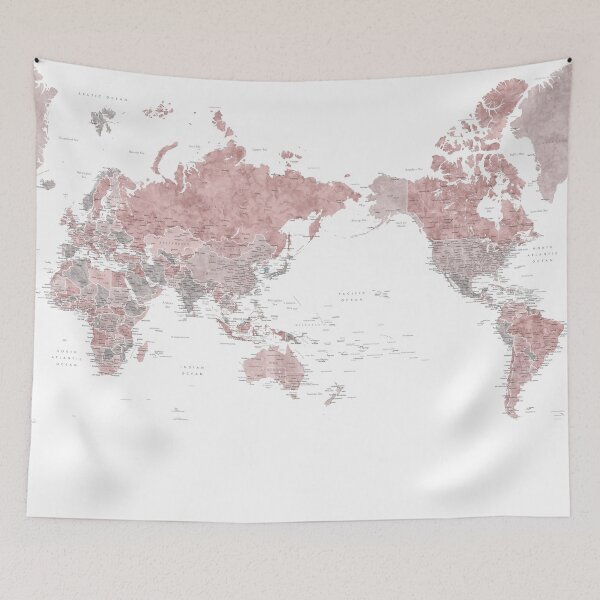 Item preview, Pacific centered detailed world map in dusty pink and grey, Piper designed and sold by blursbyai.
