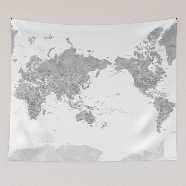 Item preview, Pacific centered detailed world map with Antarctica in gray watercolor, Jimmy designed and sold by blursbyai.