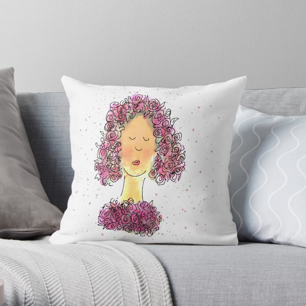 Rose Girl Watercolour Sketch Throw Pillow