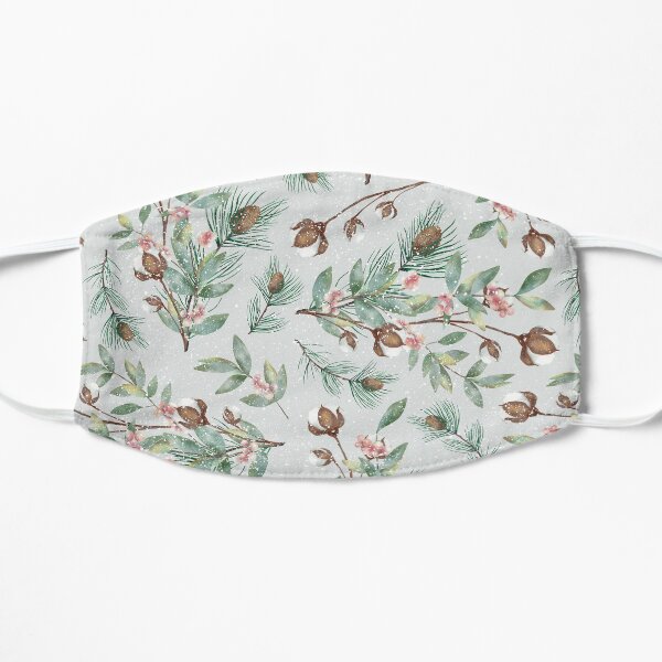 Flor de Algodón, Ramas de Pino, Piñas y berries bajo la Nieve, Naturaleza en Invierno Mascarilla plana