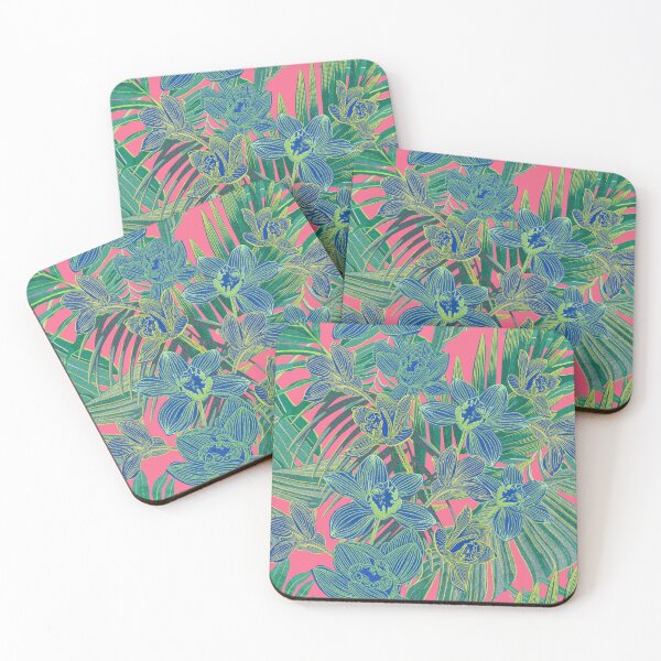 Item preview, tropical pattern with yellow and green and blue exotic foliage with acid orchids on pink background designed and sold by ANAKOTO.