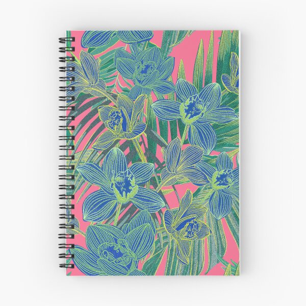 Item preview, tropical pattern with yellow and green and blue exotic foliage with acid orchids on pink background designed and sold by ANAKOTO.