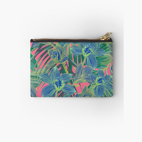 Item preview, tropical pattern with yellow and green and blue exotic foliage with acid orchids on pink background designed and sold by ANAKOTO.