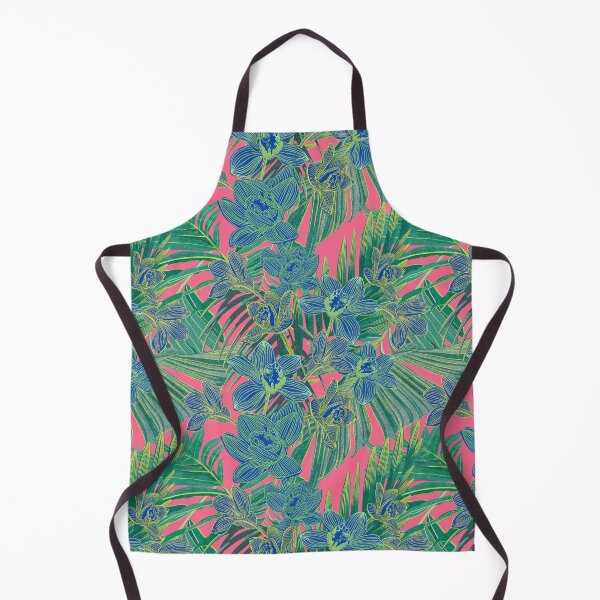 Item preview, tropical pattern with yellow and green and blue exotic foliage with acid orchids on pink background designed and sold by ANAKOTO.