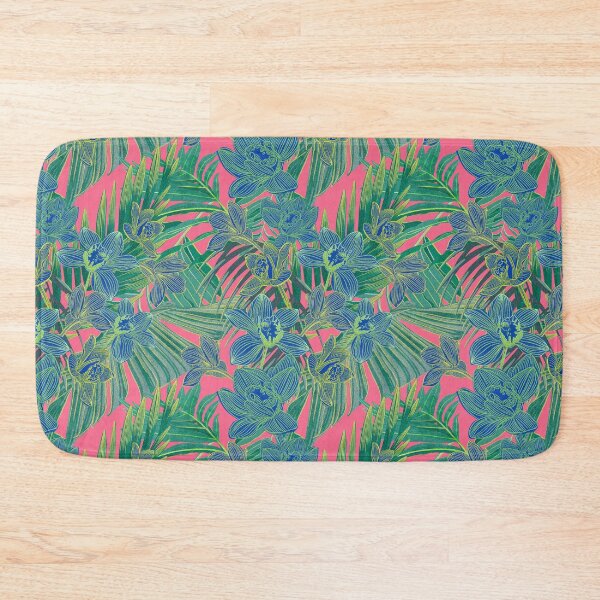 Item preview, tropical pattern with yellow and green and blue exotic foliage with acid orchids on pink background designed and sold by ANAKOTO.