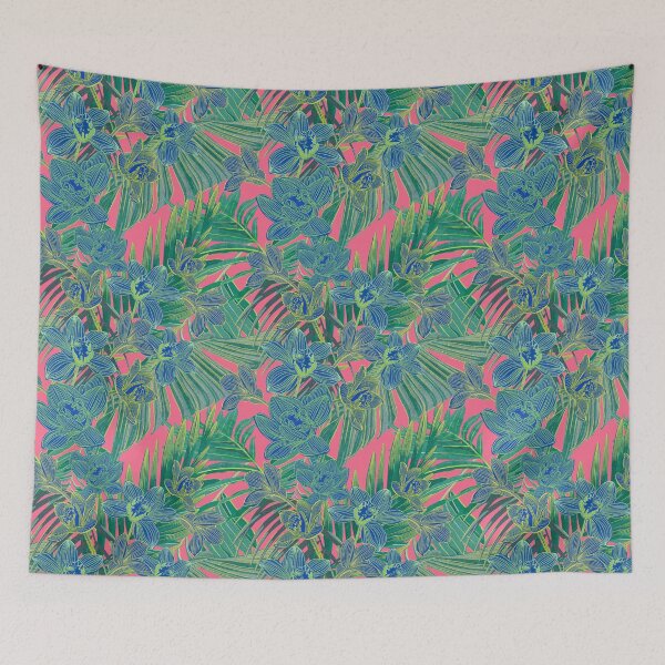 Item preview, tropical pattern with yellow and green and blue exotic foliage with acid orchids on pink background designed and sold by ANAKOTO.