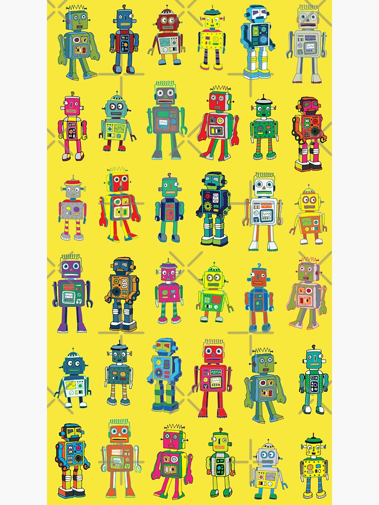 Robot Line-up on Yellow - fun pattern by Cecca Designs by Cecca-Designs