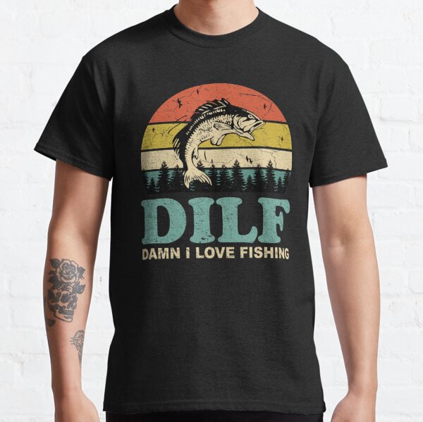 DILF Damn I Love Fishing Retro Vintage Sunset Funny Fishing Gift T-shirt classique