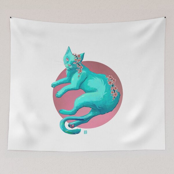 Item preview, Cherry Blossom Cat | Mystical | Cat | Japan | Fantasy | Green Cat | ellyonart designed and sold by ellyonart.