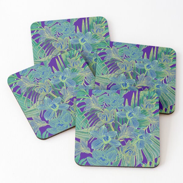 Item preview, tropical pattern with yellow and green and blue exotic foliage with acid orchids on purple background designed and sold by ANAKOTO.