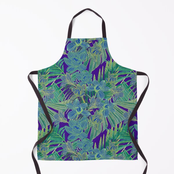Item preview, tropical pattern with yellow and green and blue exotic foliage with acid orchids on purple background designed and sold by ANAKOTO.