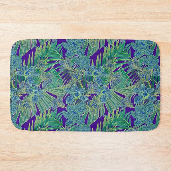 Item preview, tropical pattern with yellow and green and blue exotic foliage with acid orchids on purple background designed and sold by ANAKOTO.