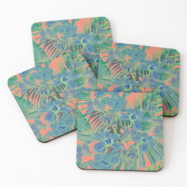 Item preview,  tropical pattern with yellow and green and blue exotic foliage with acid orchids on orange background designed and sold by ANAKOTO.