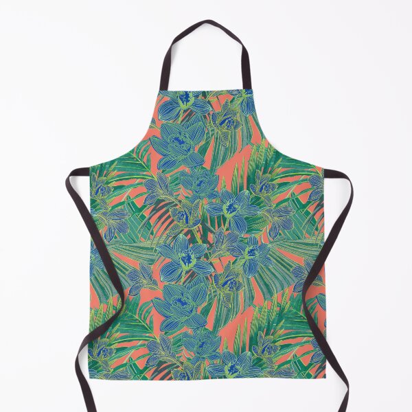 Item preview, tropical pattern with yellow and green and blue exotic foliage with acid orchids on orange background designed and sold by ANAKOTO.