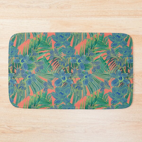 Item preview,  tropical pattern with yellow and green and blue exotic foliage with acid orchids on orange background designed and sold by ANAKOTO.