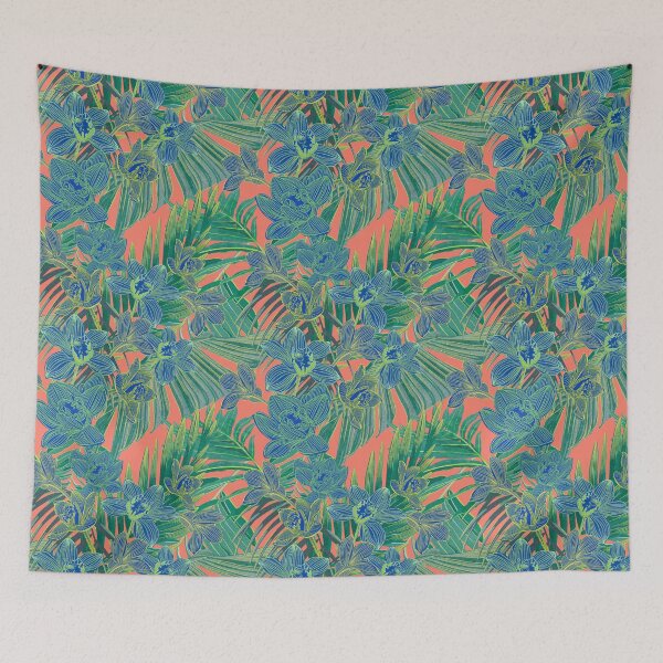 Item preview,  tropical pattern with yellow and green and blue exotic foliage with acid orchids on orange background designed and sold by ANAKOTO.