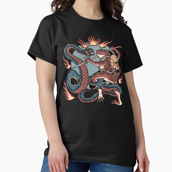 Vista previa del artículo con la obra «Diseño de camiseta de estilo de tatuaje de la vieja escuela de Snake Vs Toad Battle», diseñado y vendido por Parkerzz.