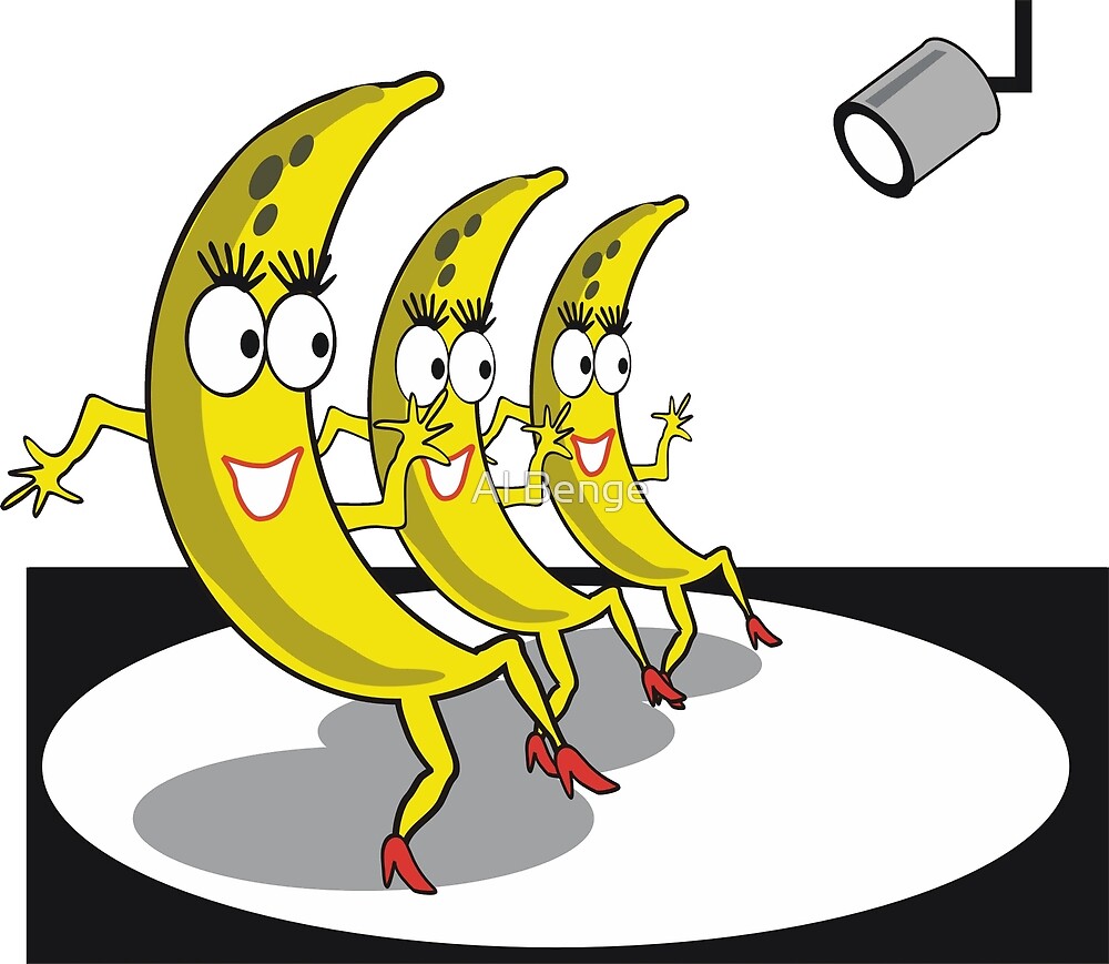 "Cartoon showing cute dancing bananas on stage" by Al Benge Redbubble