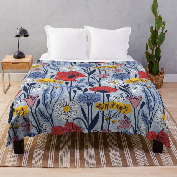 Item preview, Wild field // pastel blue background neon red orange shade poppies white daisies denim blue cornflower pink bluebells yellow fennel flowers and other wild flowers meadow plants designed and sold by SelmaCardoso.
