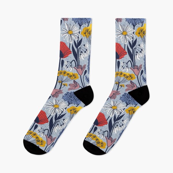 Item preview, Wild field // pastel blue background neon red orange shade poppies white daisies denim blue cornflower pink bluebells yellow fennel flowers and other wild flowers meadow plants designed and sold by SelmaCardoso.