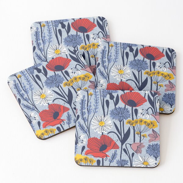 Item preview, Wild field // pastel blue background neon red orange shade poppies white daisies denim blue cornflower pink bluebells yellow fennel flowers and other wild flowers meadow plants designed and sold by SelmaCardoso.