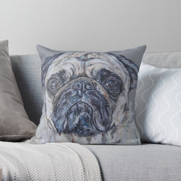 Reggie. Pug dog painting art by award-winning UK artist Sam Fenner Throw Pillow