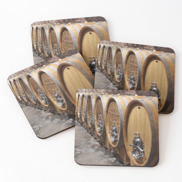 Item preview, Large wooden wine barrels in a winery cellar designed and sold by wineandwords.