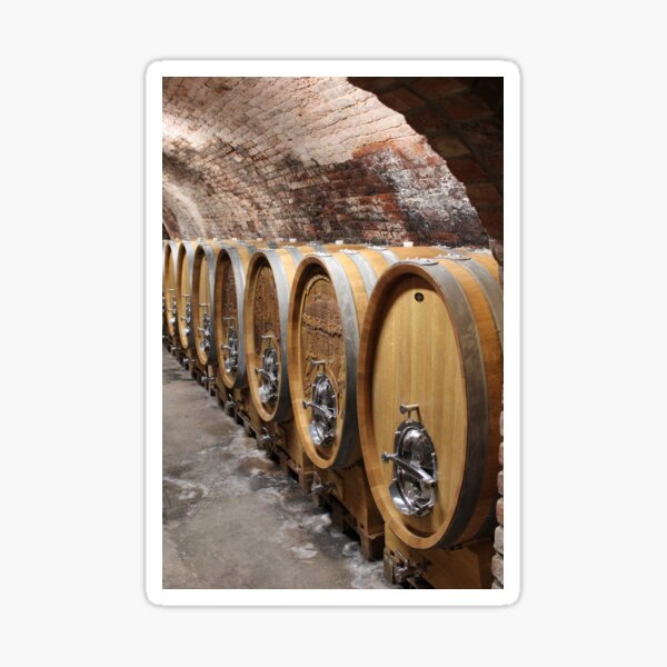 Large wooden wine barrels in a winery cellar Sticker
