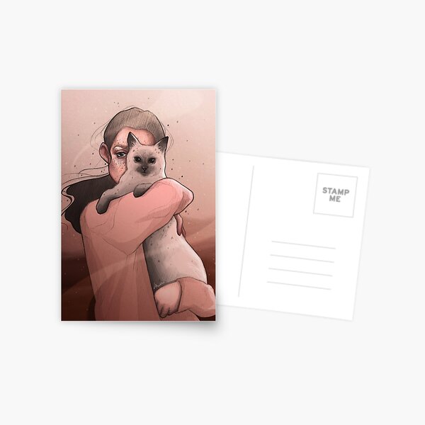 Friends - Cute Girl Holding a Kitty Cat- Digital Illustration by MadliArt Postcard