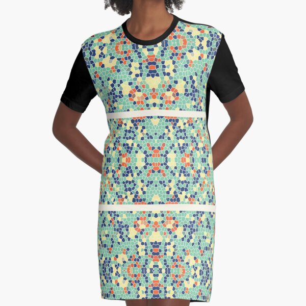 Colorful Blue Green Orange Abstract Funky Mosaic Graphic T-Shirt Dress