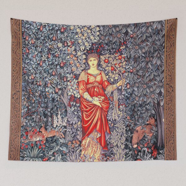 Item preview, POMONA GODDESS OF ABUNDANCE HOLDING FRUITS IN GREENERY, FOREST ANIMALS Fox,Hares Grey Red Black White Floral designed and sold by BulganLumini.