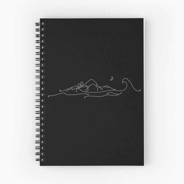 Aperçu de l'œuvre Dessin au trait de la montagne grise, de la mer et de la lune (fond noir) créée et vendue par corandomdesigns.