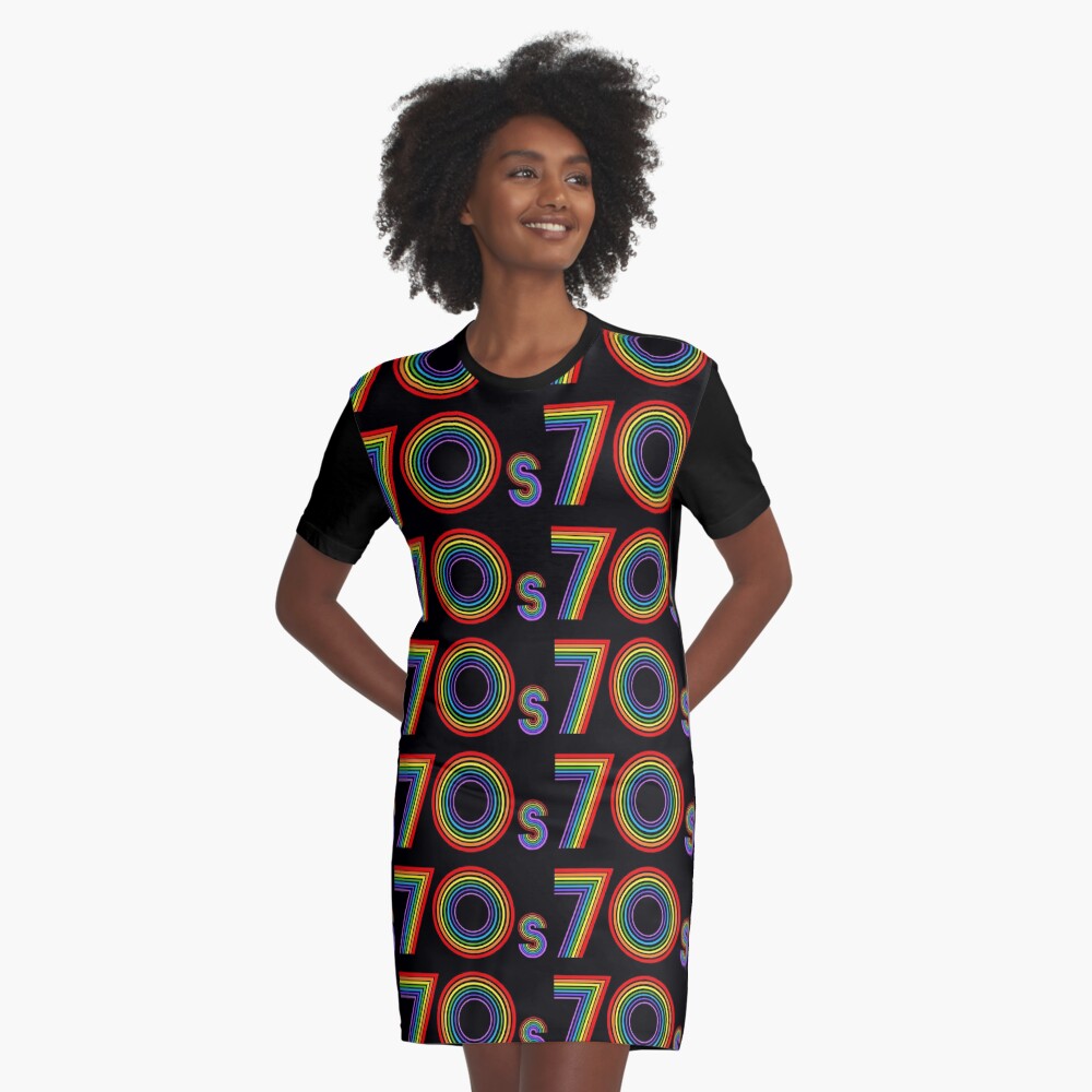 Disco 70s Retro Rainbow Decade Graphic T-Shirt Dress