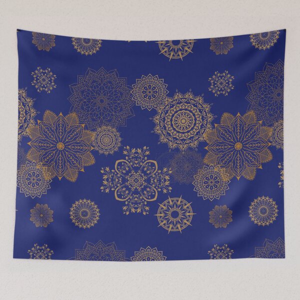 Item preview, Beautiful delicate mandala design in gold and deep blue on a seamless pattern designed and sold by LeBreab.