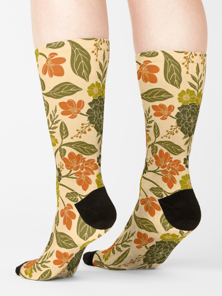 Retro 1970s Floral in Olive Green & Orange Socks for Sale by  somecallmebeth