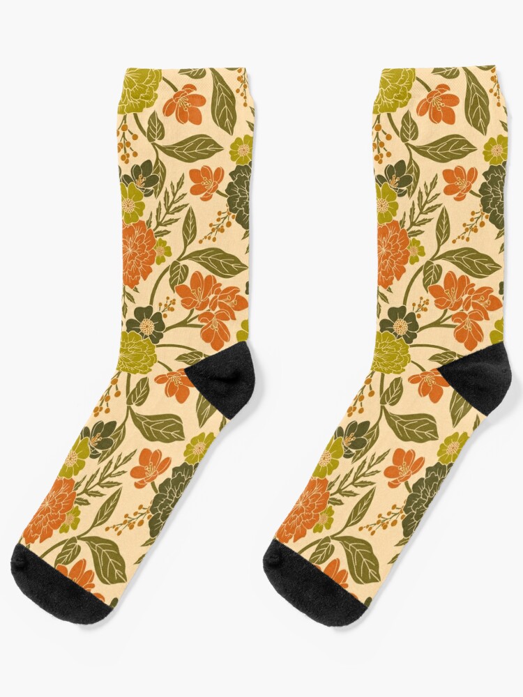 Retro 1970s Floral in Olive Green & Orange | Socks