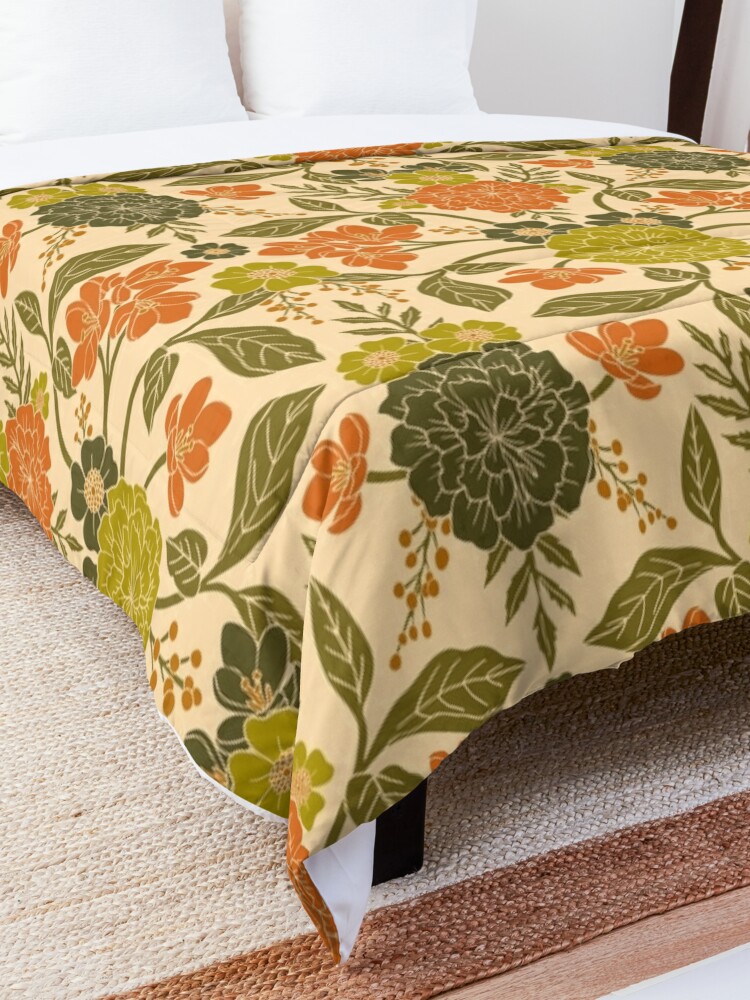Retro 60s/70s Orange & Olive Green Floral Comforter for Sale by  somecallmebeth