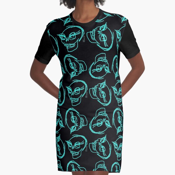 Smiling Skull Teal on Black 1 Graphic T-Shirt Dress