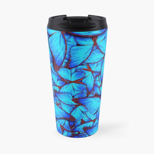 Black & Blue Butterflies in Background Travel Mug