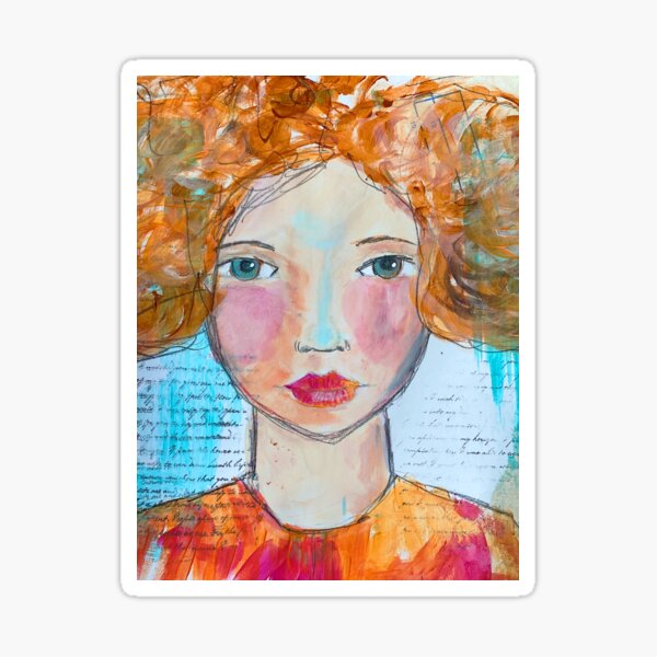 Red hair girl a mixed media painting Sticker
