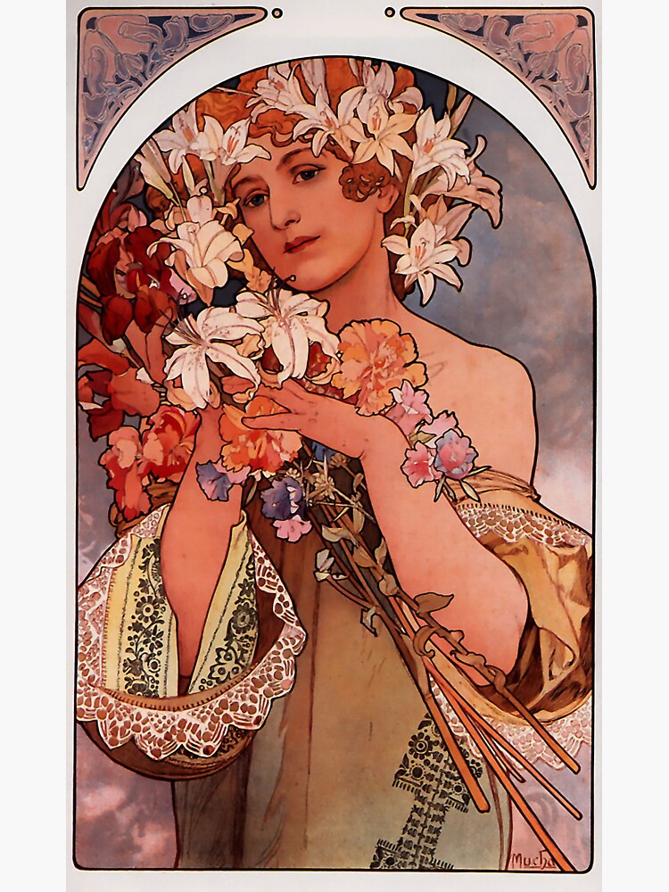 Thumbnail 3 of 3, Sticker, 'Flowers' by Alphonse Mucha (Reproduction) designed and sold by RozAbellera.