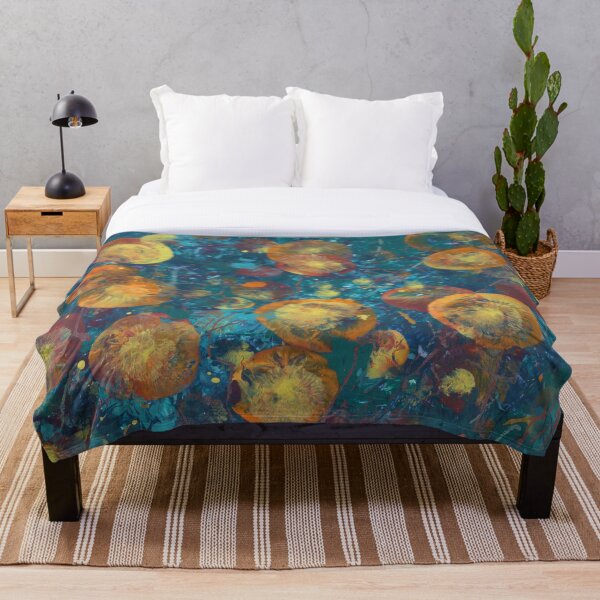 Yellow Orange Spheres on Steel Teal Throw Blanket