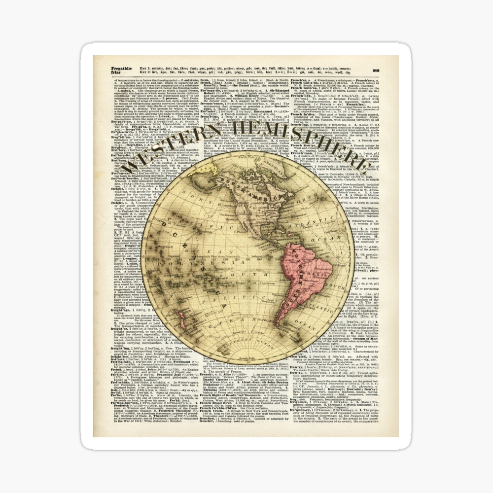 Western Hemisphere Earth map,Vintage Illustration Over Old Encyclopedia  Page,Dictionary Art