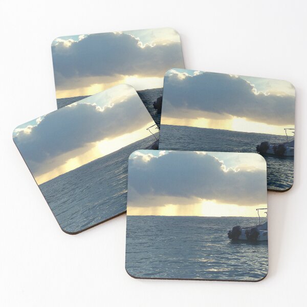 Item preview, Blue ocean horizon sunrise boat clouds designed and sold by PRB1989.