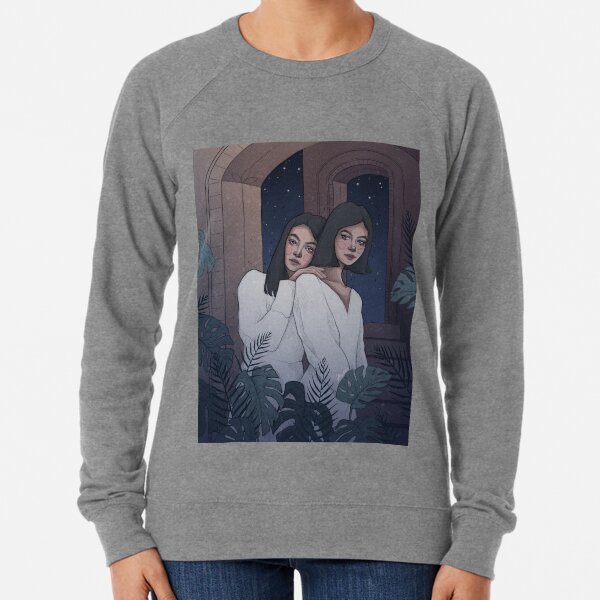 Dreamy Night Sisters Surrounded by Plants and Stars - Digital Illustration by MadliArt Lightweight Sweatshirt