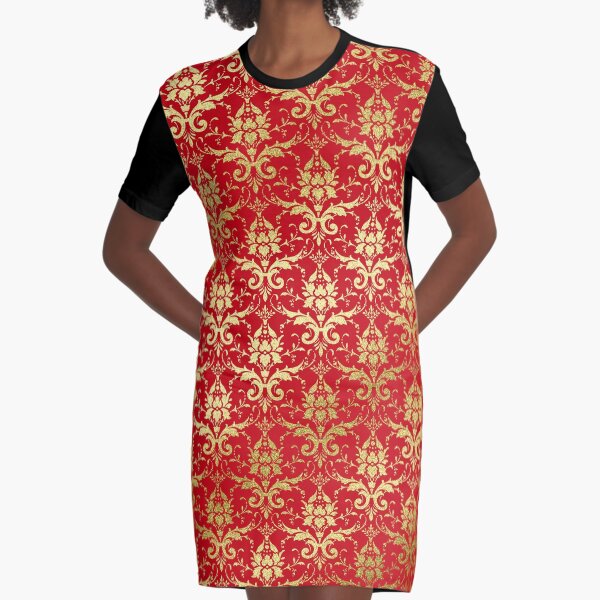 Damask Glitter Gold Venetian Red Classic Elegant Graphic T-Shirt Dress