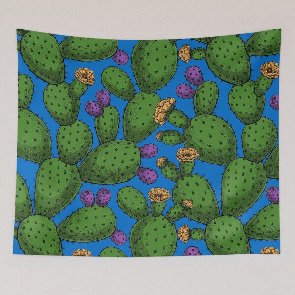 Item preview, Flowering opuntia on blue designed and sold by Katerina Mitkova Kirilova.