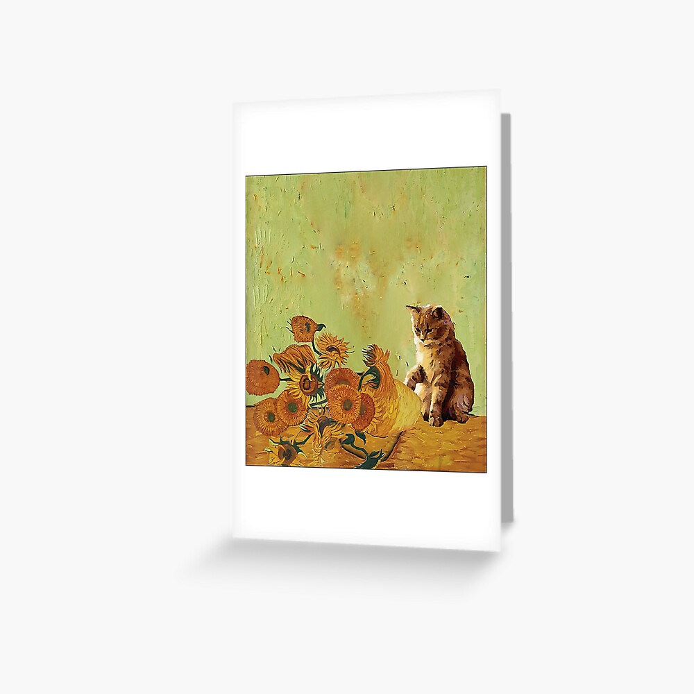 "Sunflowers by Vincent Van Gogh and funny cat art meme " Greeting Card