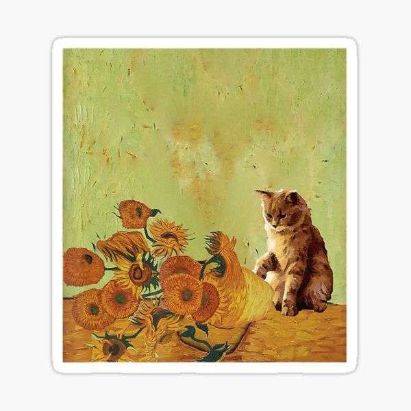 "Sunflowers by Vincent Van Gogh and funny cat art meme " Sticker by